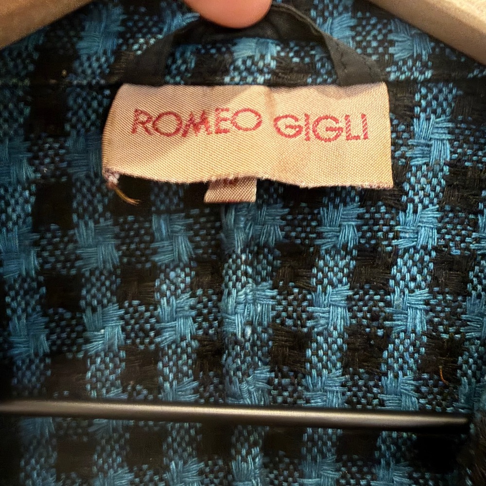 Romeo Gigli 100% Silk Gingham Blazer Blue Black Italian Designer Jacket 42 Small - Picture 7 of 15